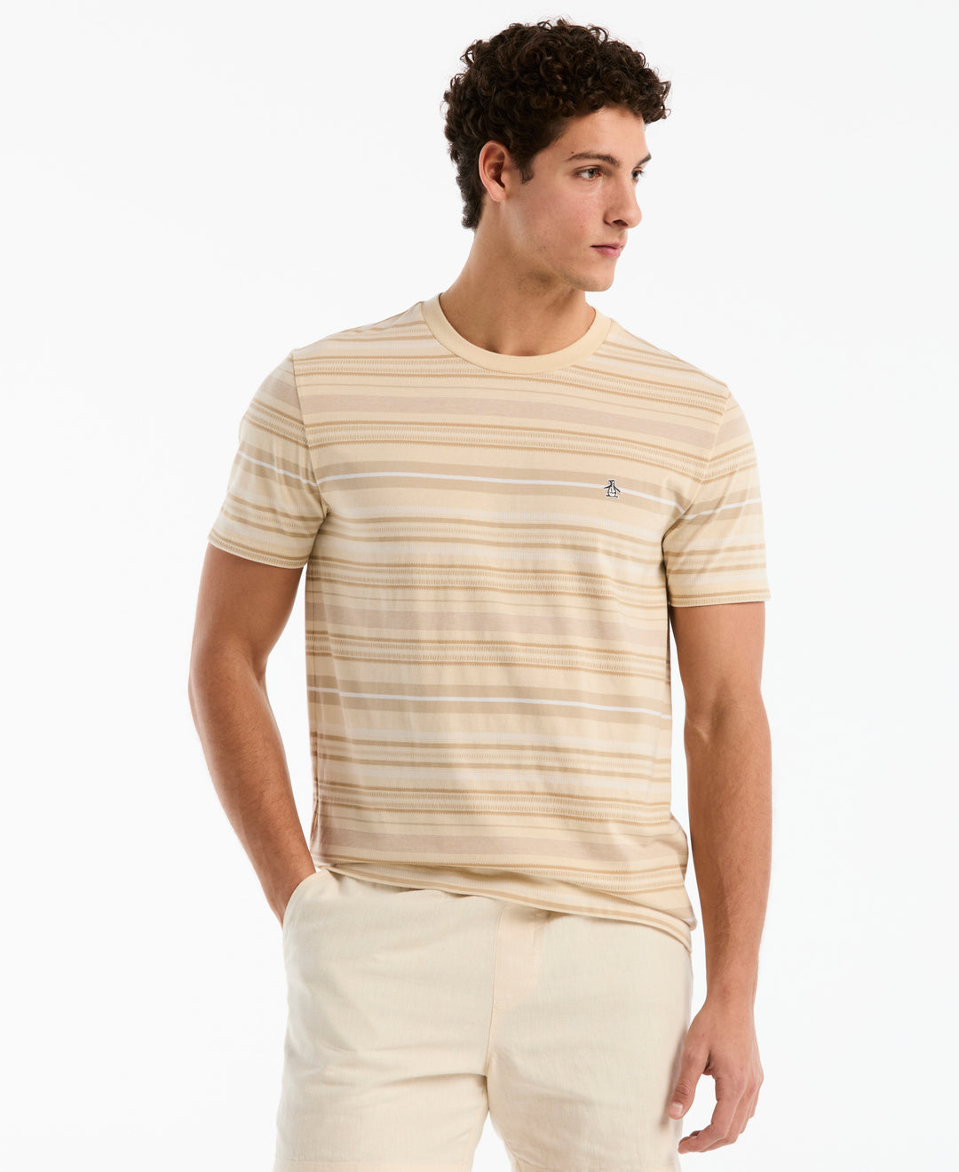 Cotton Jacquard Dashed Stripe Tee (Bleached Sand) 