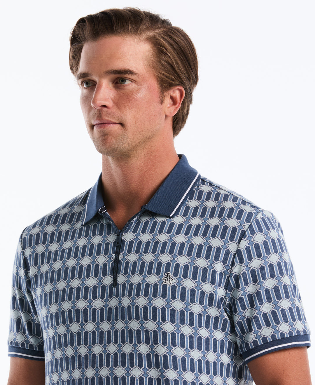 Cotton Jacquard Deco Quarter-Zip Polo (Sargasso Sea) 