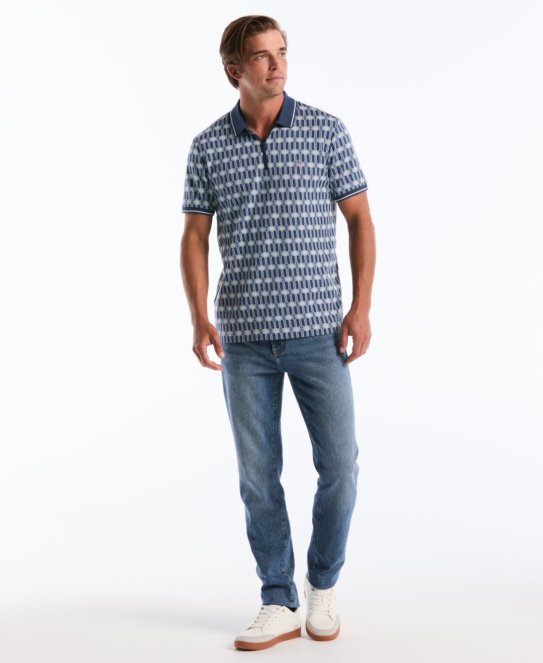 Cotton Jacquard Deco Quarter-Zip Polo (Sargasso Sea) 