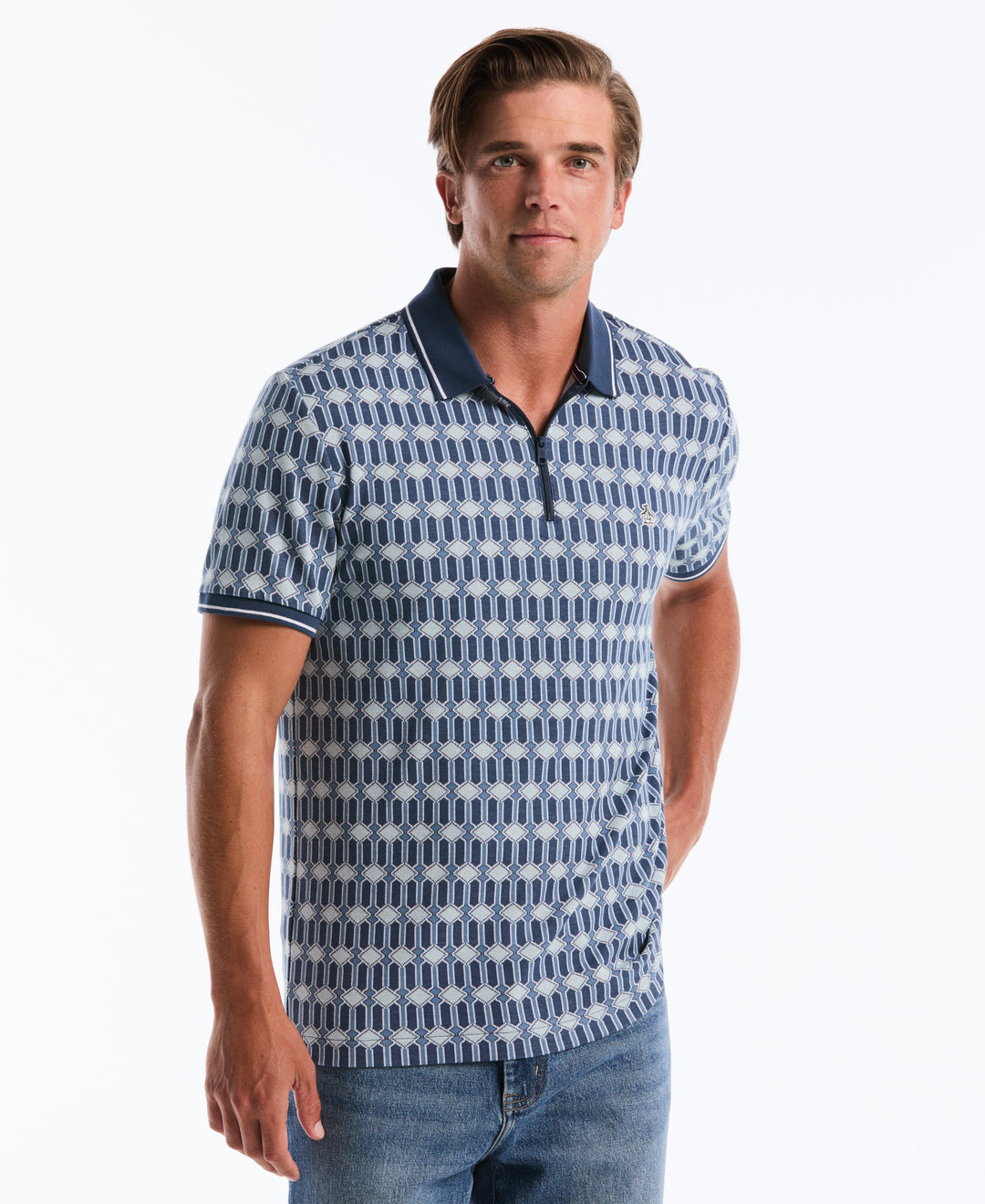 Cotton Jacquard Deco Quarter-Zip Polo (Sargasso Sea) 