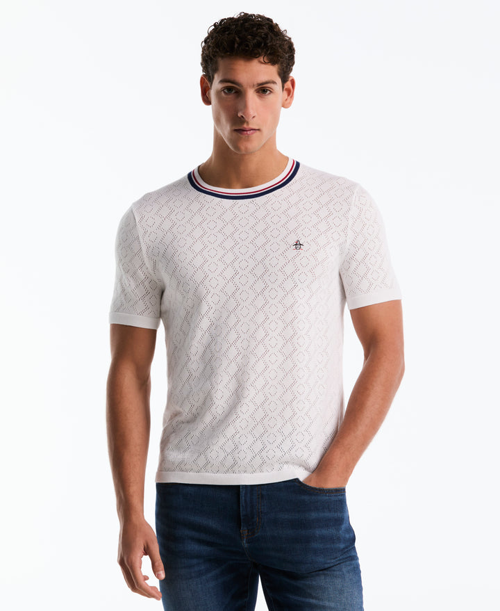 Cotton Jacquard Geometric Eyelet Sweater Tee (Bright White) 