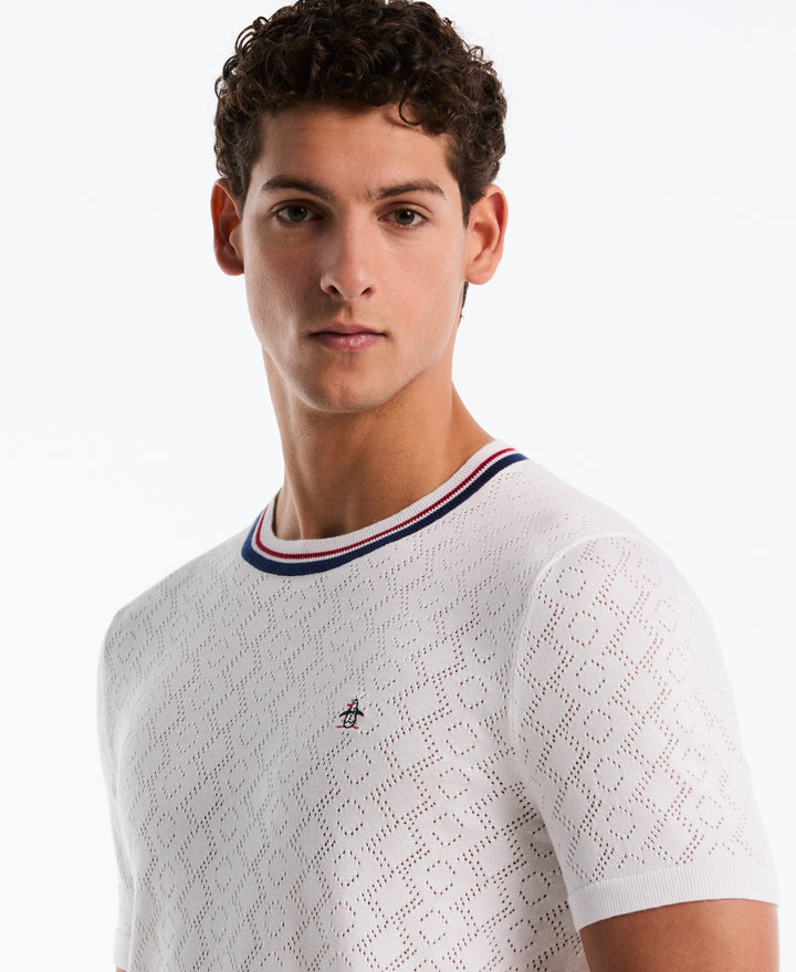 Cotton Jacquard Geometric Eyelet Sweater Tee (Bright White) 