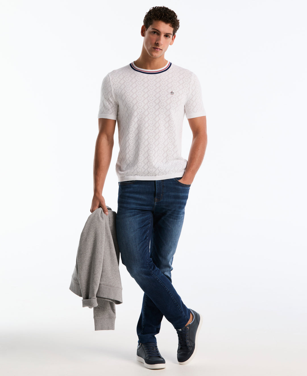 Cotton Jacquard Geometric Eyelet Sweater Tee (Bright White) 