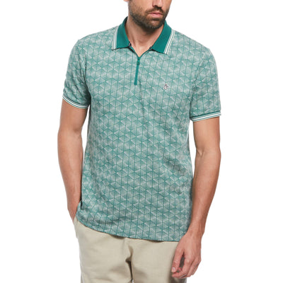 Jacquard Geometric Print 1/4 Zip Short Sleeve Polo Shirt (Antique Green) 