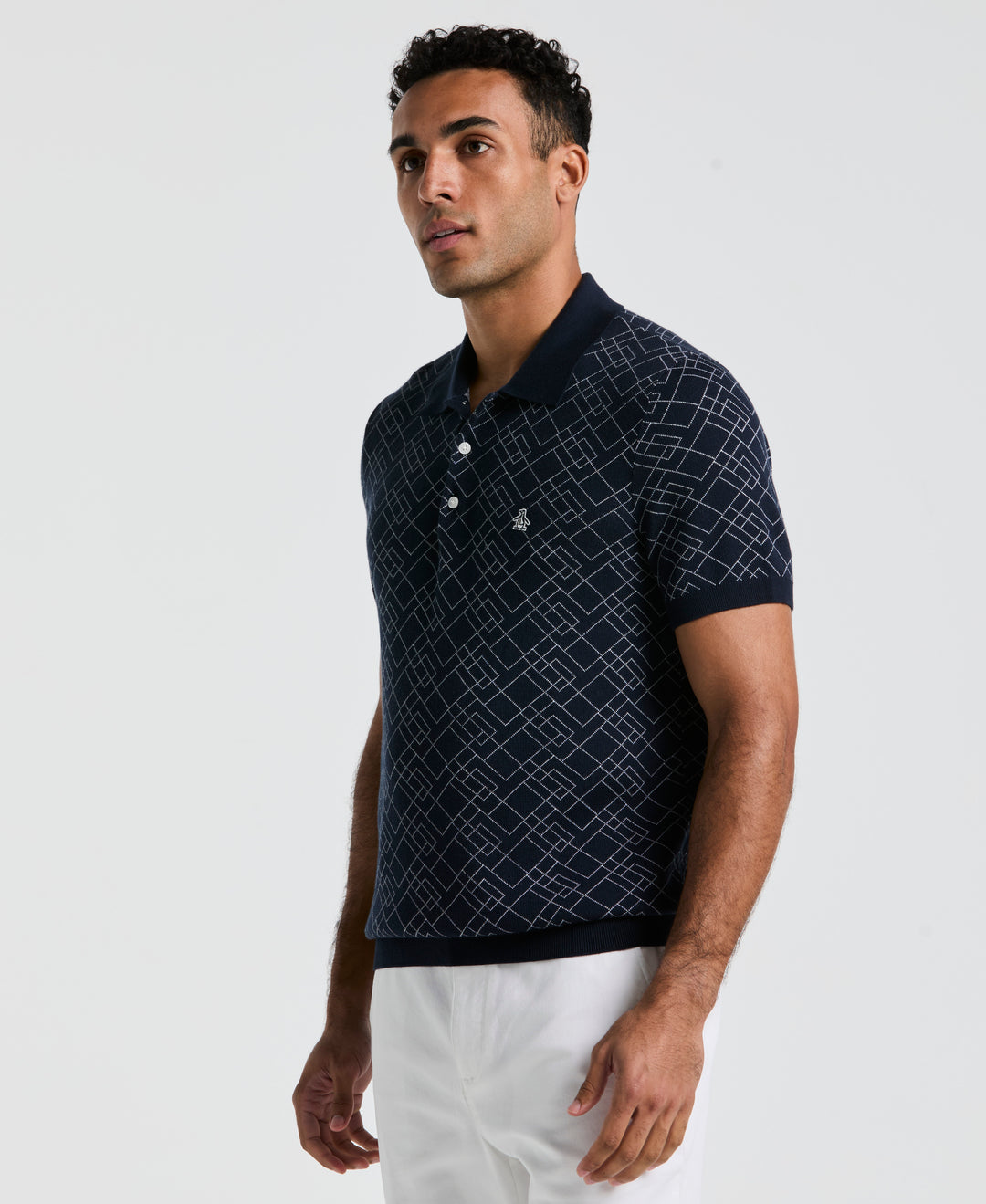 Jaquard Geometric Sweater Polo Shirt (Dark Sapphire) 