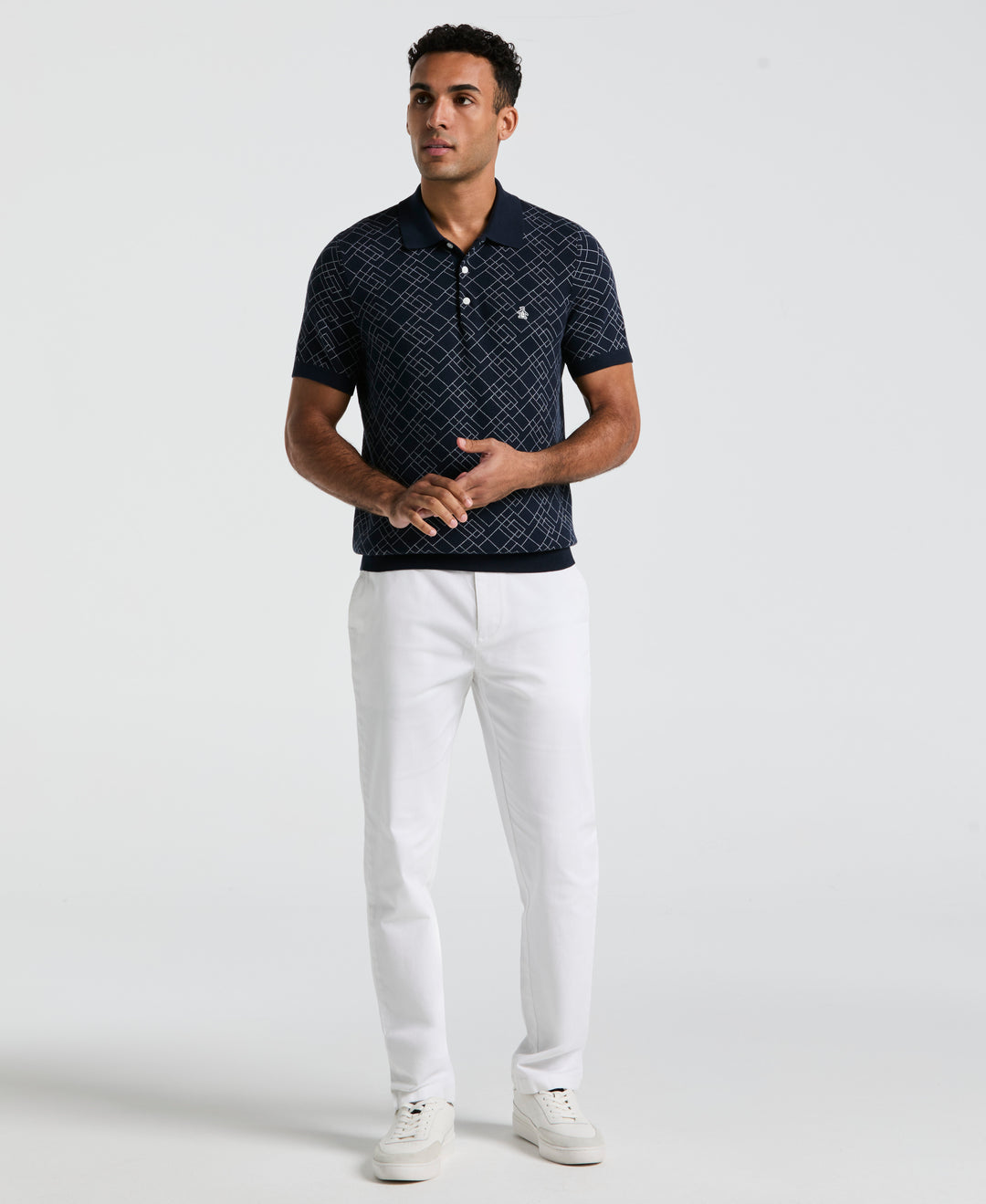 Jaquard Geometric Sweater Polo Shirt (Dark Sapphire) 