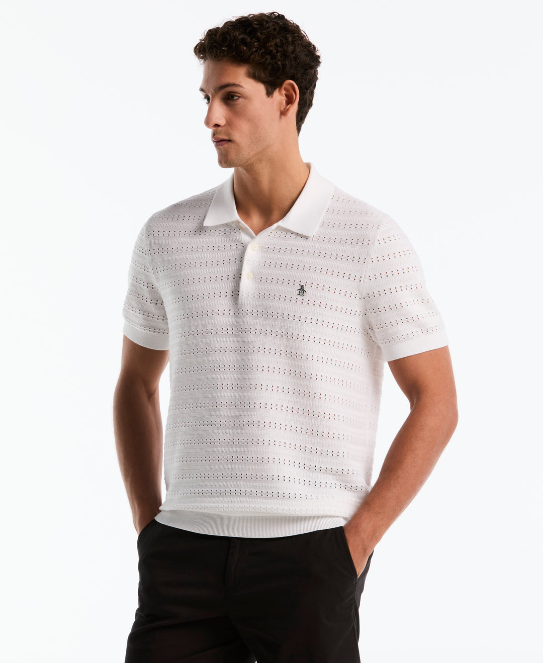Cotton Jacquard Pointelle Sweater Polo (Bright White) 