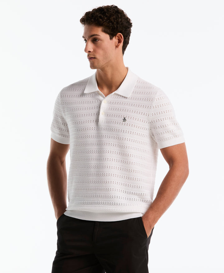 Cotton Jacquard Pointelle Sweater Polo (Bright White) 