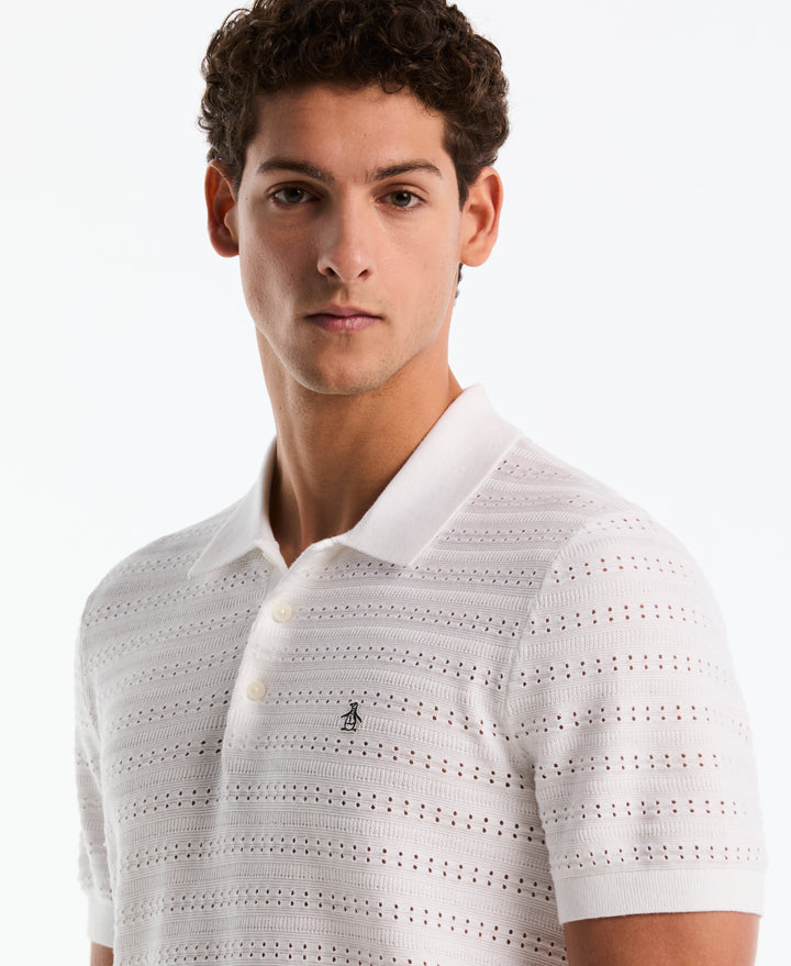 Cotton Jacquard Pointelle Sweater Polo (Bright White) 