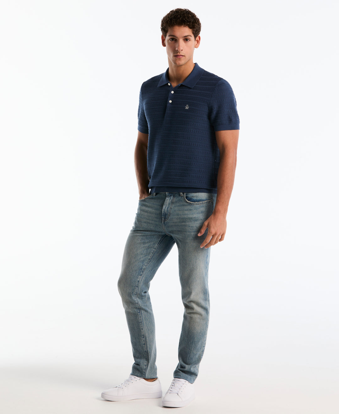 Cotton Jacquard Pointelle Sweater Polo (Bright White) 