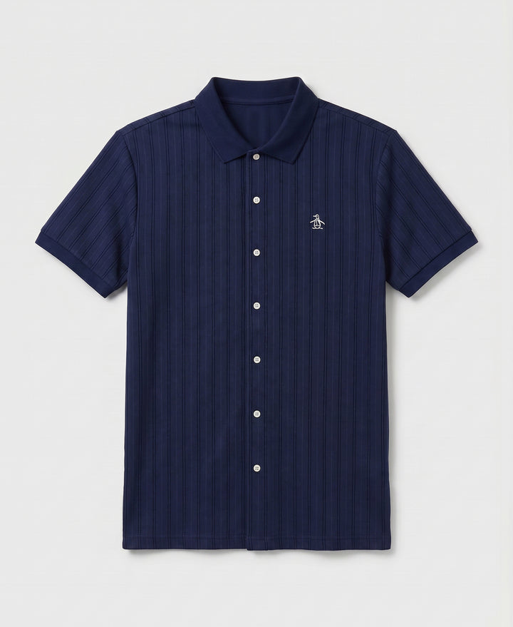 Jacquard Textured Button-Up Polo-Polos-Dark Sapphire-XS-Original Penguin