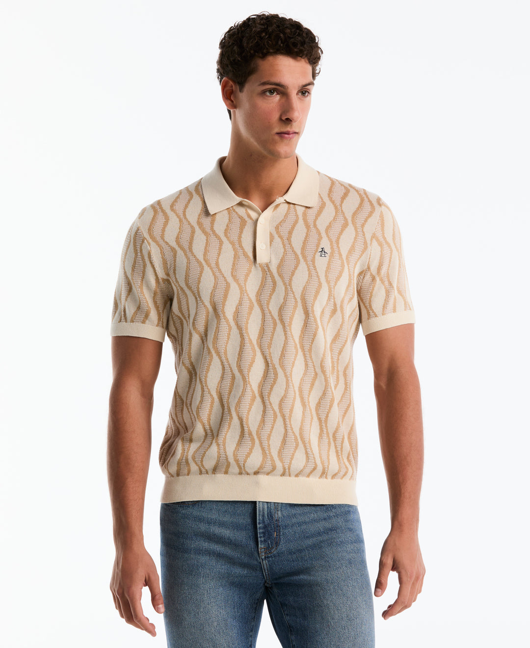 Cotton Jacquard Waves Sweater Polo (Birch) 