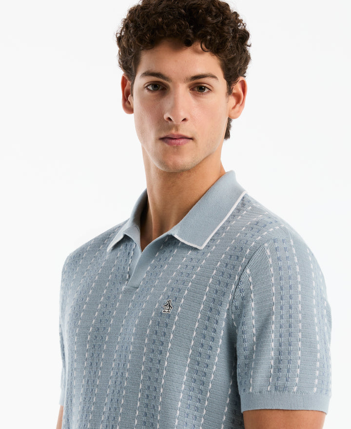 Cotton Jacquard Johnny Collar Sweater Polo (Dusty Blue) 