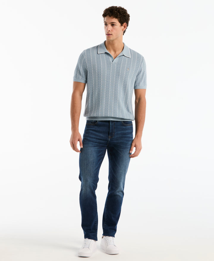 Cotton Jacquard Johnny Collar Sweater Polo (Dusty Blue) 