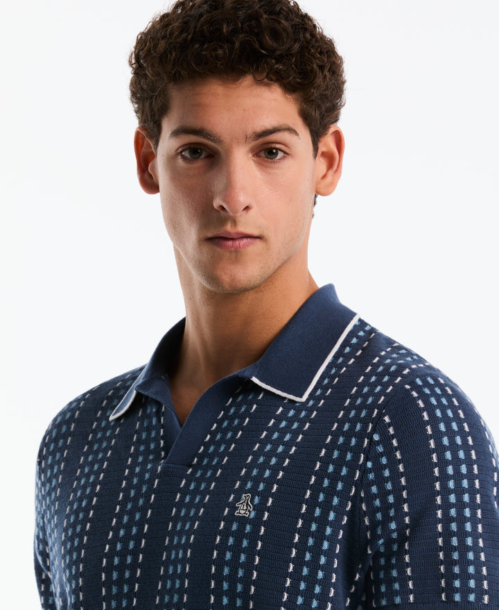Cotton Jacquard Johnny Collar Sweater Polo (Sargasso Sea) 