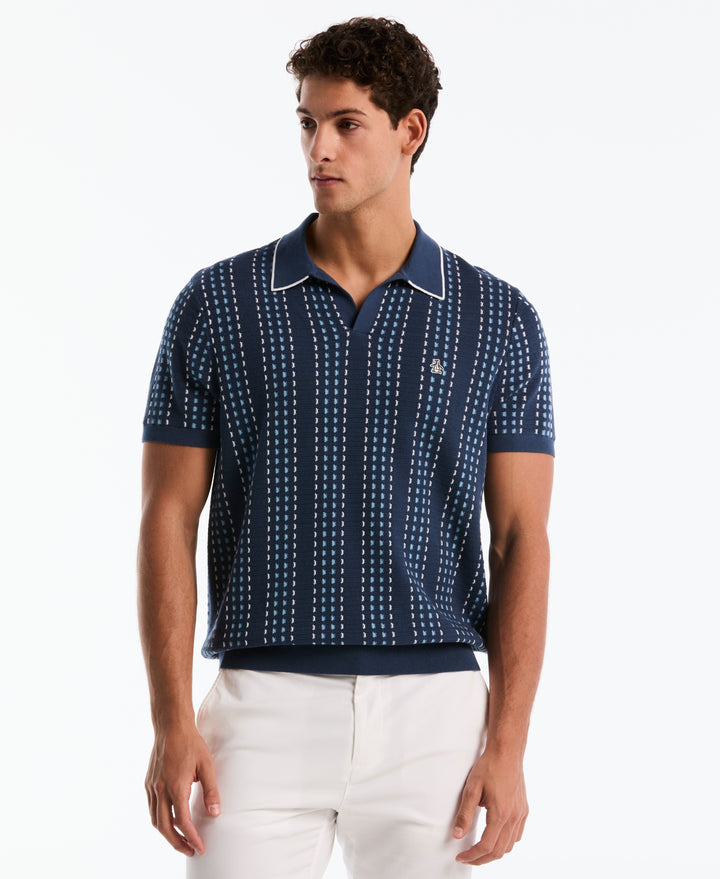 Cotton Jacquard Johnny Collar Sweater Polo (Sargasso Sea) 