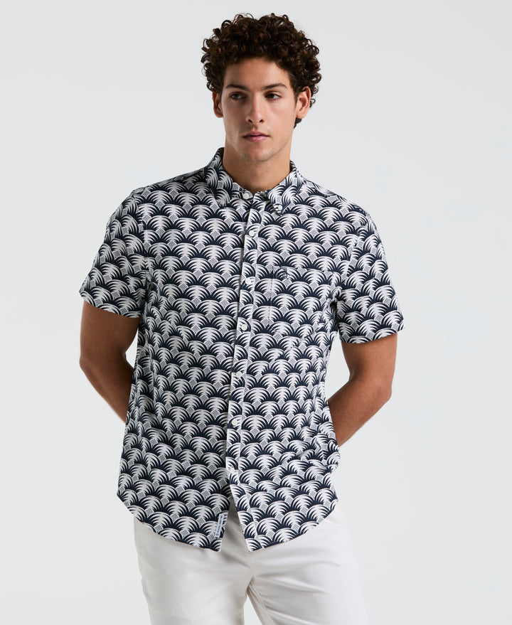 Linen Stretch All-Over Geo Palms Print Shirt (Bright White) 