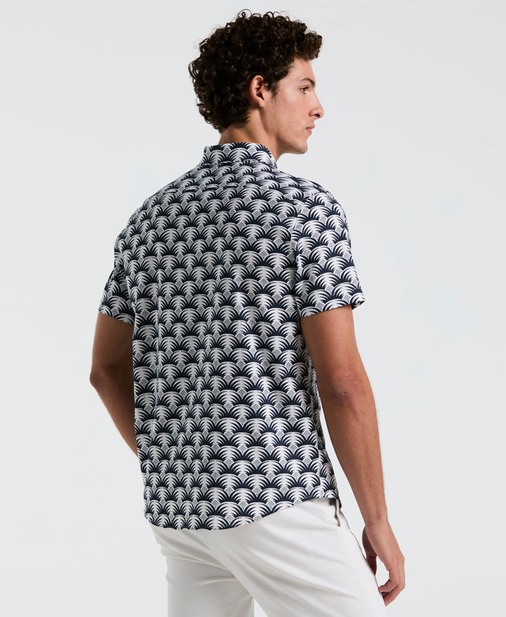 Linen Stretch All-Over Geo Palms Print Shirt (Bright White) 