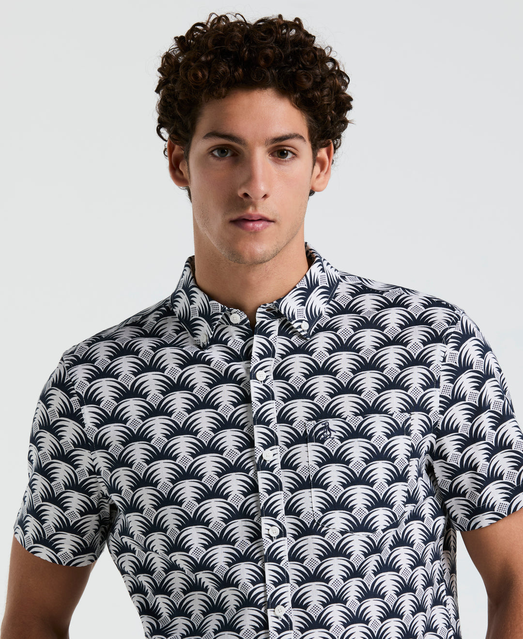 Linen Stretch All-Over Geo Palms Print Shirt (Bright White) 