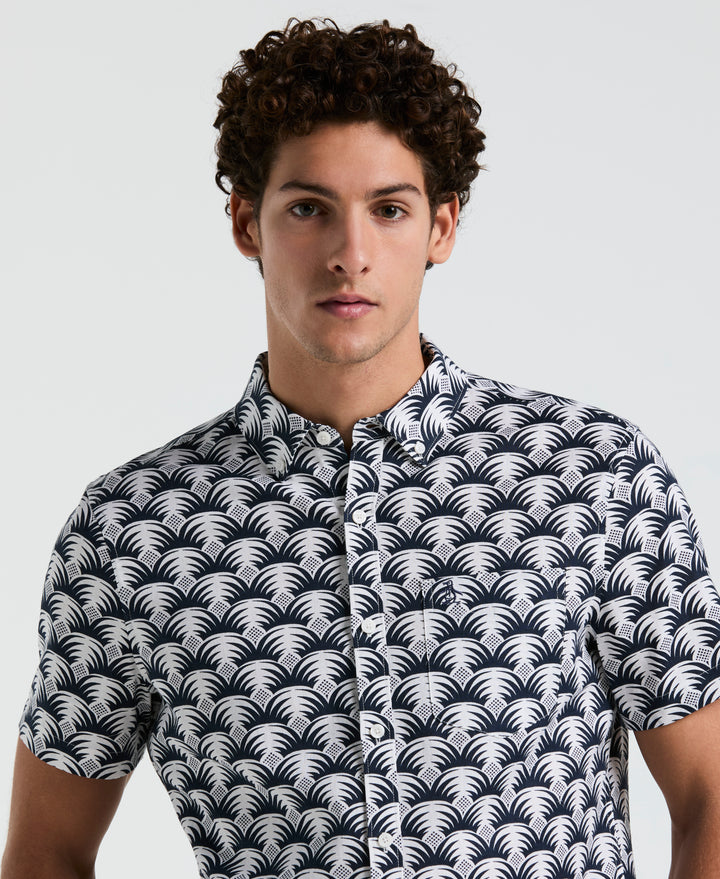 Linen Stretch All-Over Geo Palms Print Shirt (Bright White) 