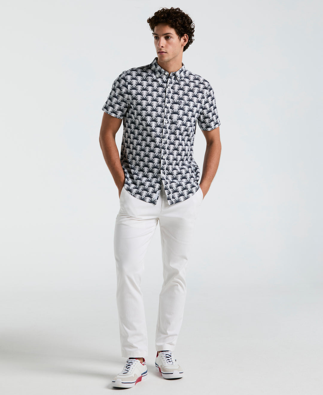 Linen Stretch All-Over Geo Palms Print Shirt (Bright White) 
