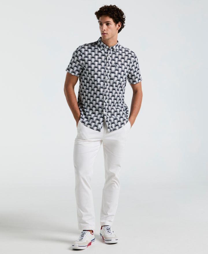 Linen Stretch All-Over Geo Palms Print Shirt (Bright White) 