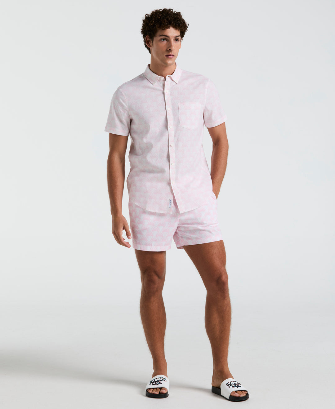 Linen Stretch All-Over Geo Palms Print Shirt (Parfait Pink) 