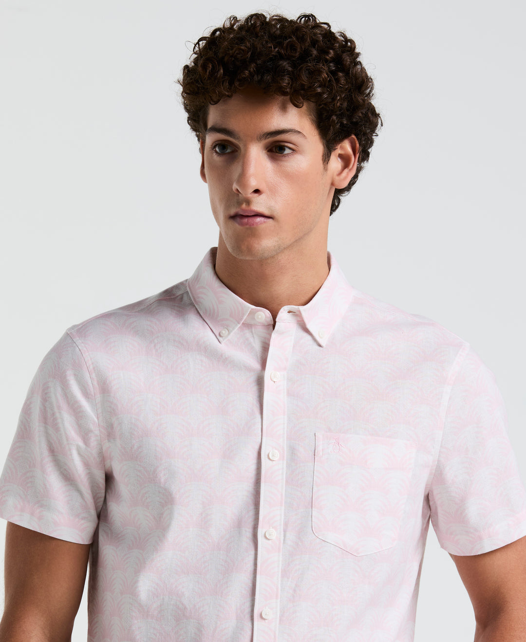 Linen Stretch All-Over Geo Palms Print Shirt (Parfait Pink) 