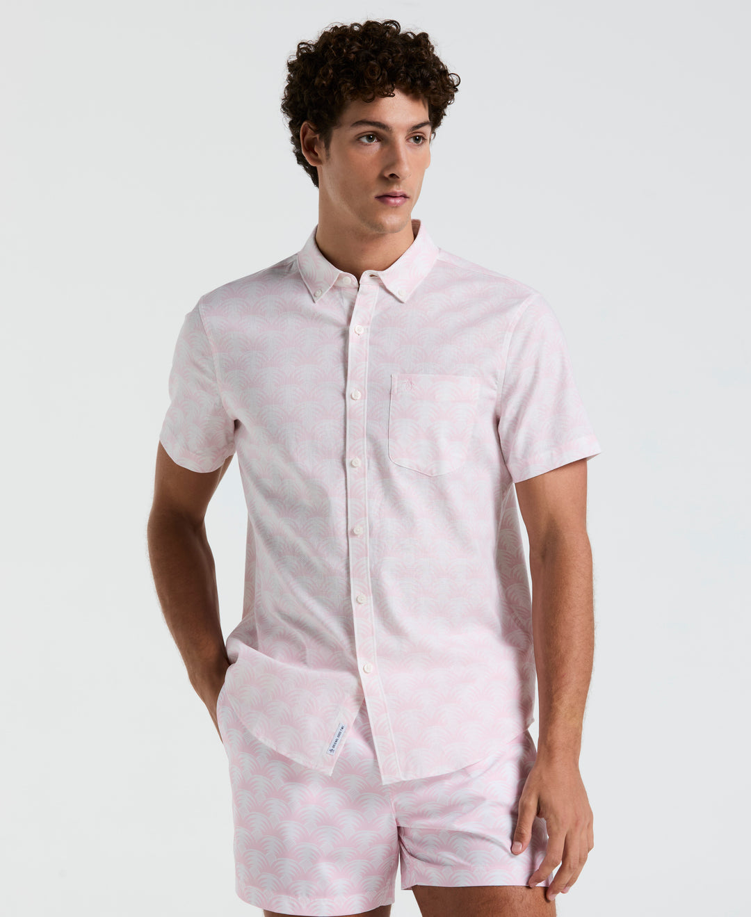Linen Stretch All-Over Geo Palms Print Shirt (Parfait Pink) 