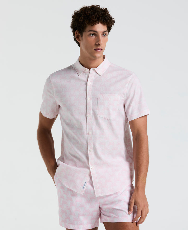 Linen Stretch All-Over Geo Palms Print Shirt (Parfait Pink) 