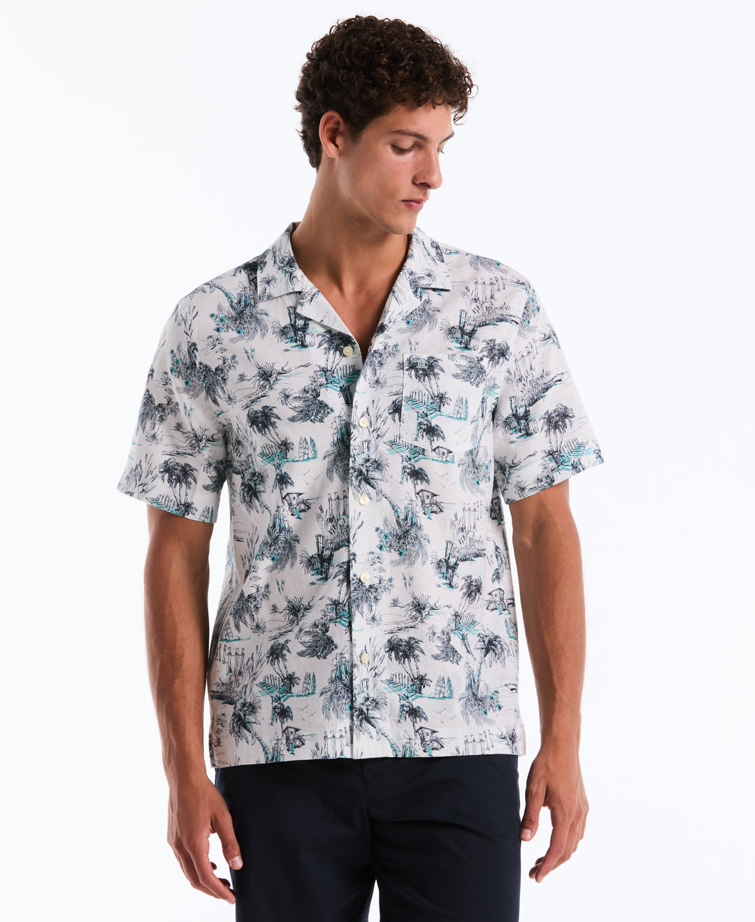 Men's Linen Cotton Beach Print Camp Shirt (Bright White) 
