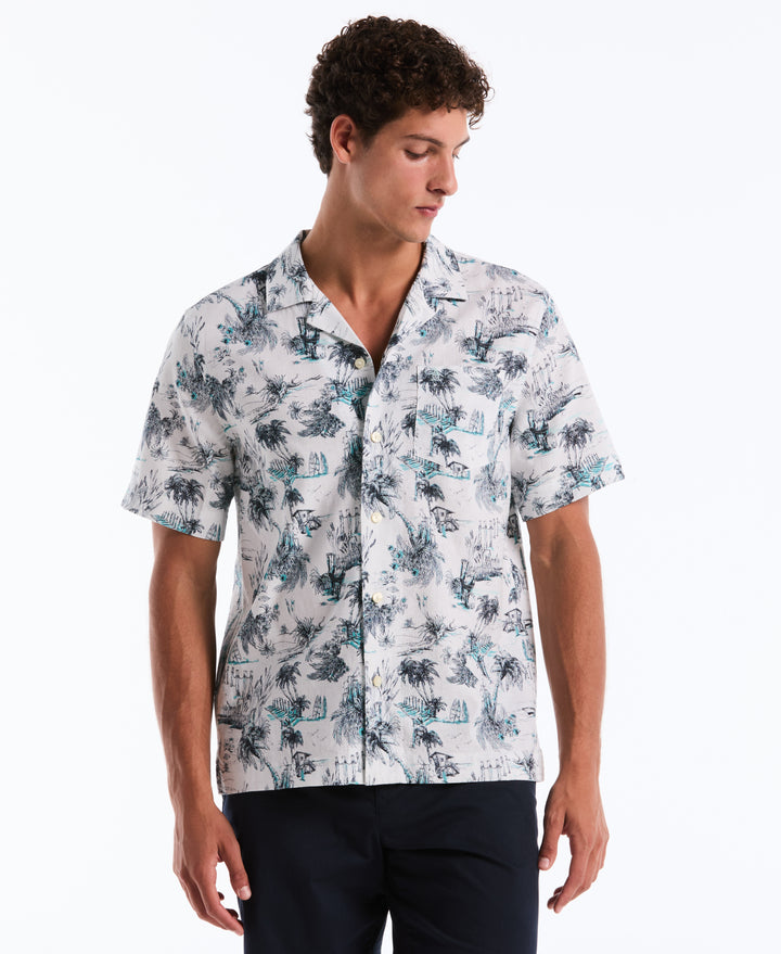Men's Linen Cotton Beach Print Camp Shirt (Bright White) 