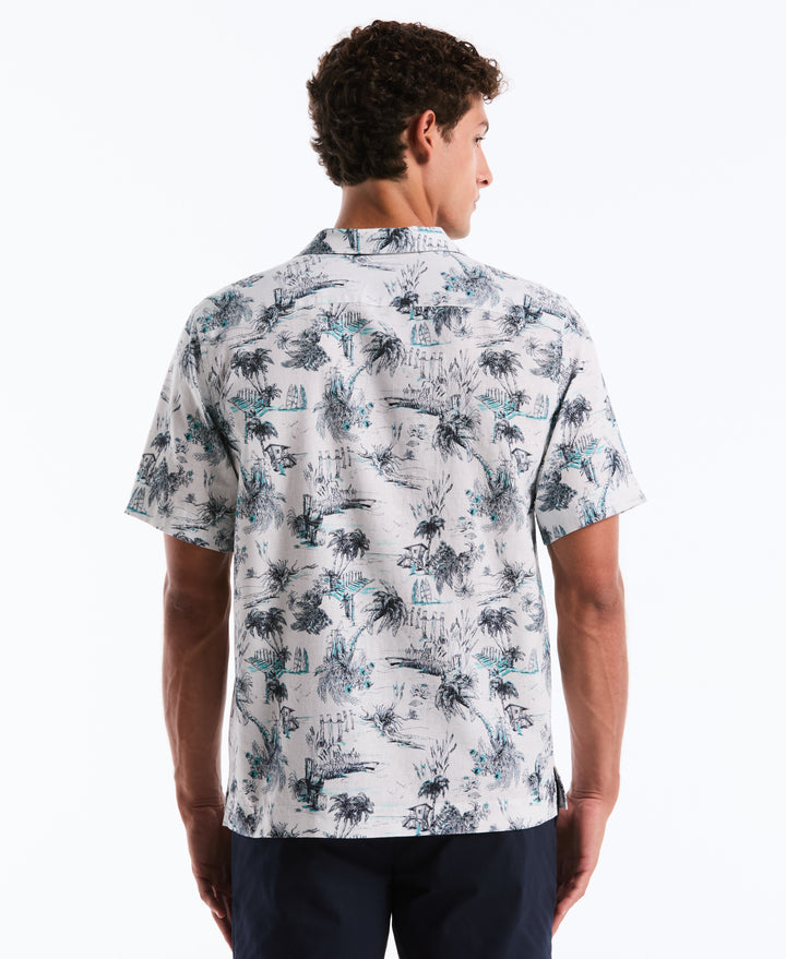 Men's Linen Cotton Beach Print Camp Shirt (Bright White) 