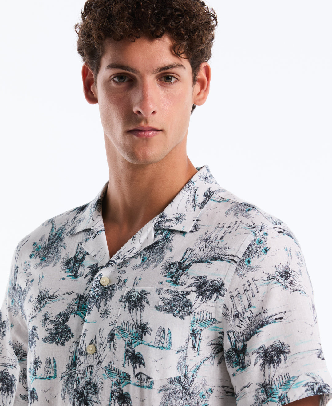 Men's Linen Cotton Beach Print Camp Shirt (Bright White) 