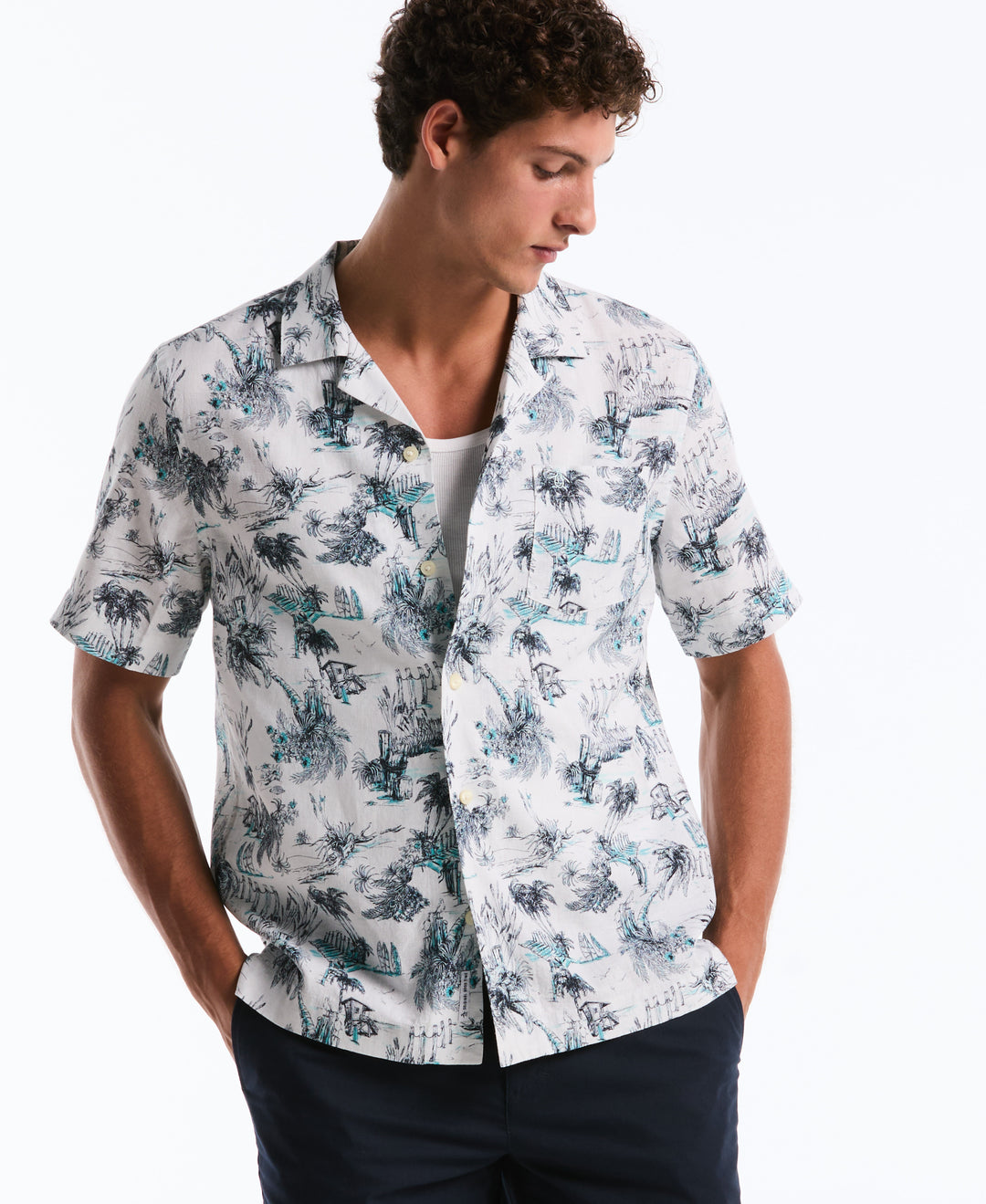Men's Linen Cotton Beach Print Camp Shirt (Bright White) 