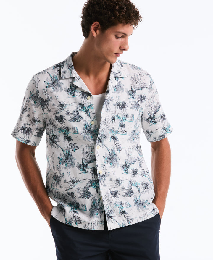 Men's Linen Cotton Beach Print Camp Shirt (Bright White) 