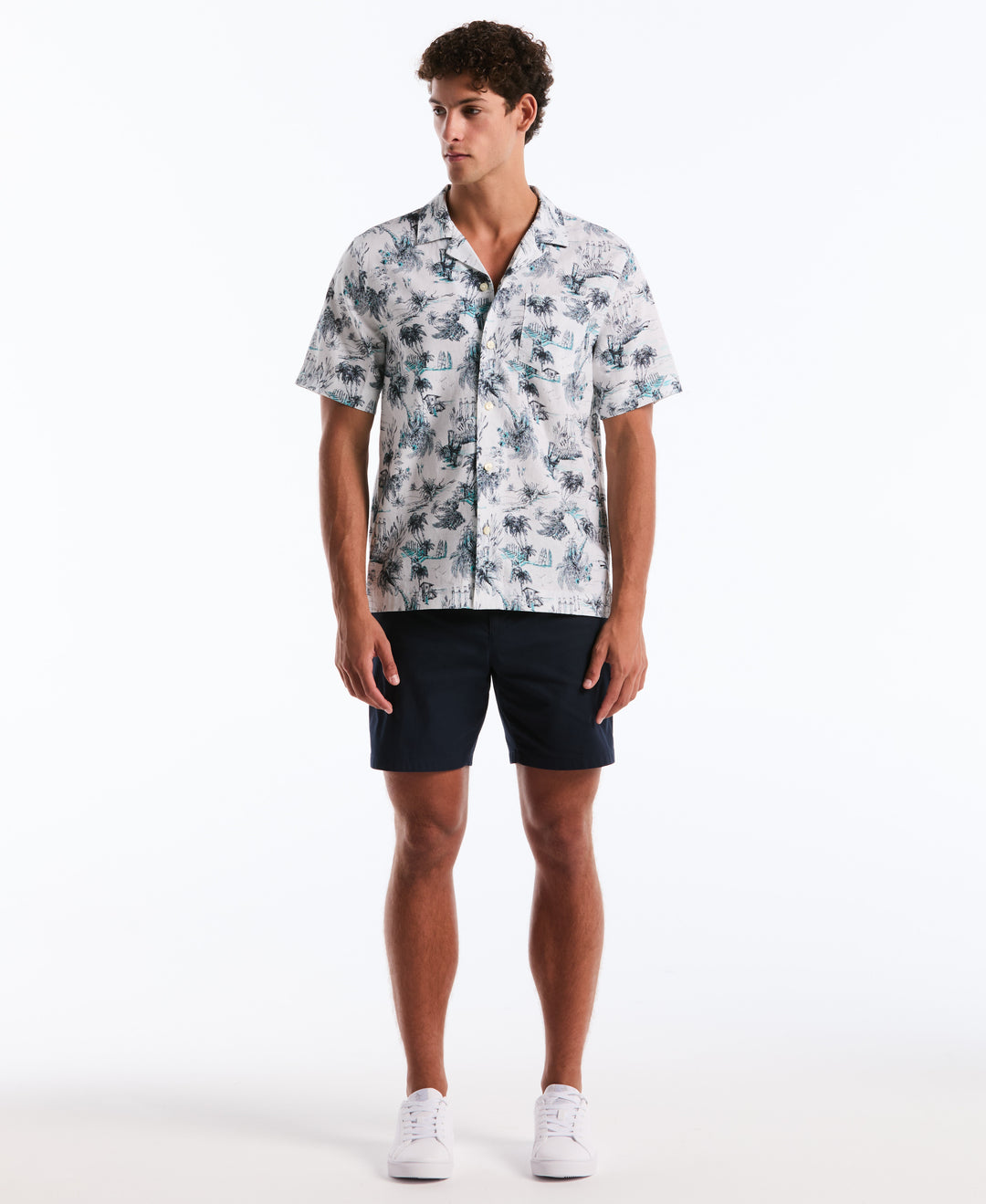 Men's Linen Cotton Beach Print Camp Shirt (Bright White) 