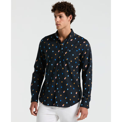 Linen Blend Mini Monstera Print Shirt-Shirts-Dark Sapphire-XS-Original Penguin