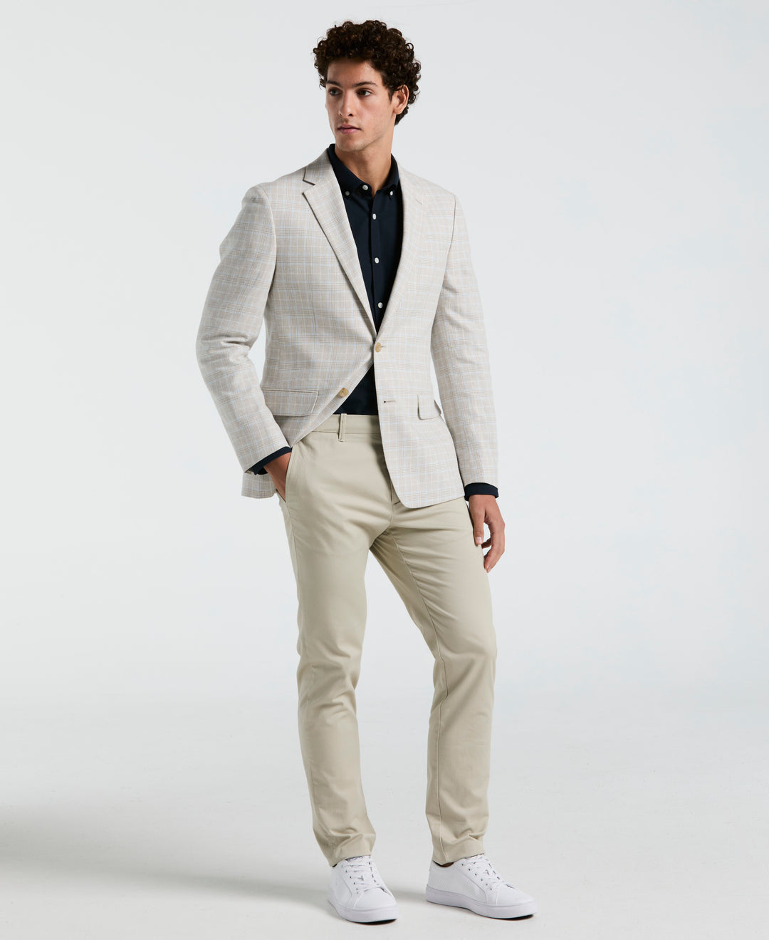 Linen Cotton Plaid Coat Sport Coat (Tan/Blue) 
