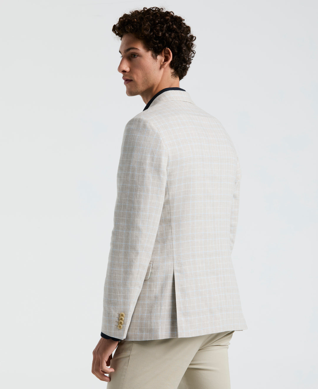Linen Cotton Plaid Coat Sport Coat (Tan/Blue) 