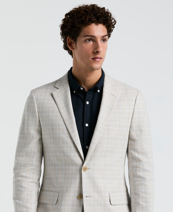 Linen Cotton Plaid Coat Sport Coat (Tan/Blue) 