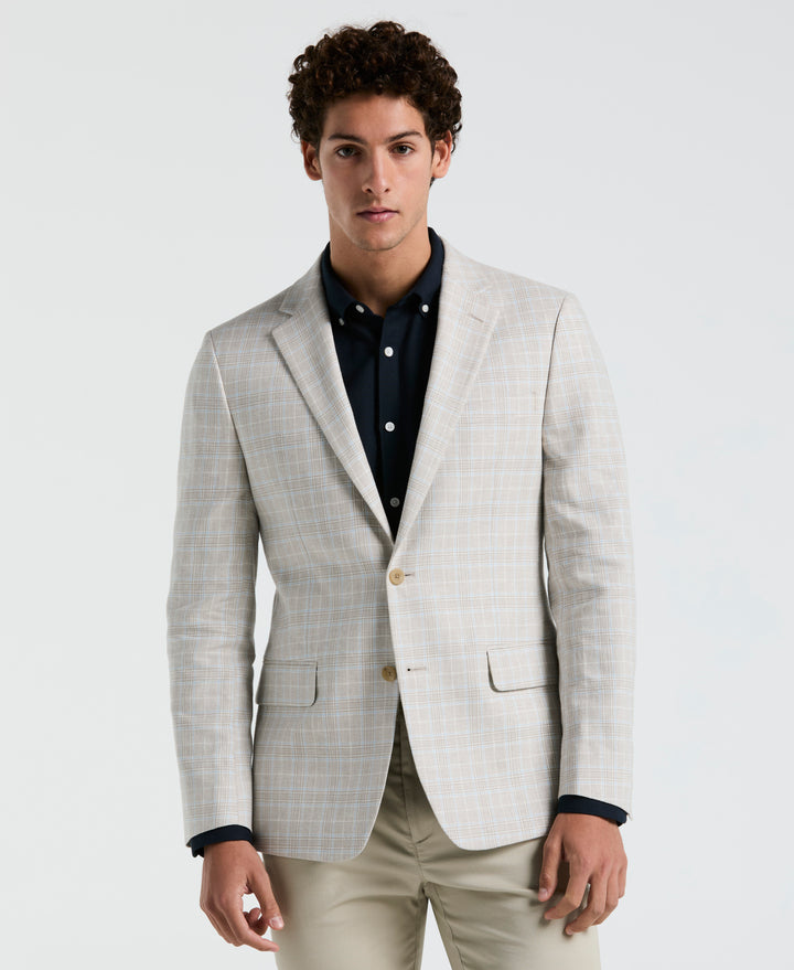 Linen Cotton Plaid Coat Sport Coat (Tan/Blue) 