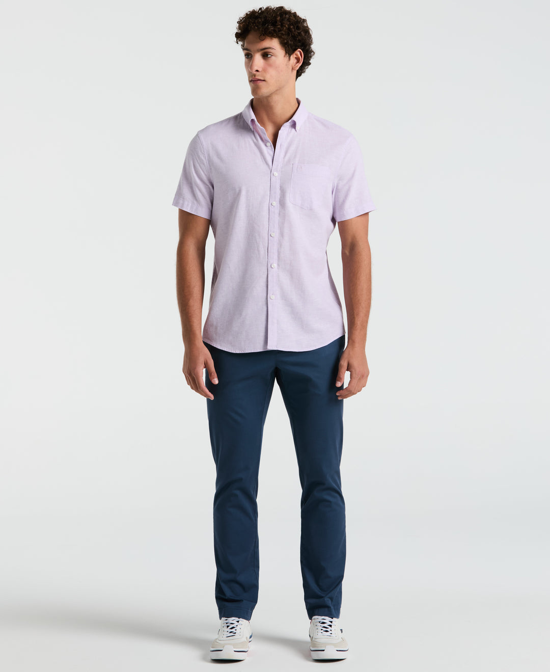 Linen Blend Short Sleeve Button-Down Shirt (Lavendula) 