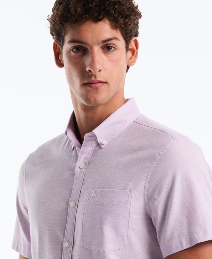 Linen Blend Short Sleeve Button-Down Shirt (Lavendula) 