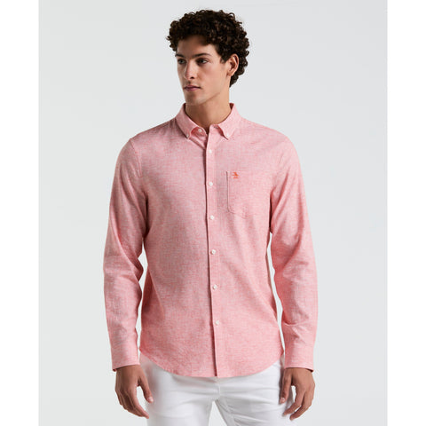 Linen Cotton Stretch Feeder Stripe Shirt (Cherry Tomato) 