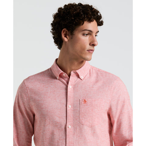 Linen Cotton Stretch Feeder Stripe Shirt (Cherry Tomato) 