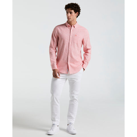 Linen Cotton Stretch Feeder Stripe Shirt (Cherry Tomato) 