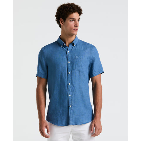 Delave Linen Short Sleeve Button-Down Shirt with Chest Pocket (Copen Blue) 