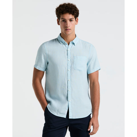 Delave Linen Short Sleeve Button-Down Shirt with Chest Pocket (Crystal Blue) 