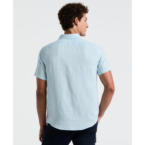 Delave Linen Short Sleeve Button-Down Shirt with Chest Pocket (Crystal Blue) 